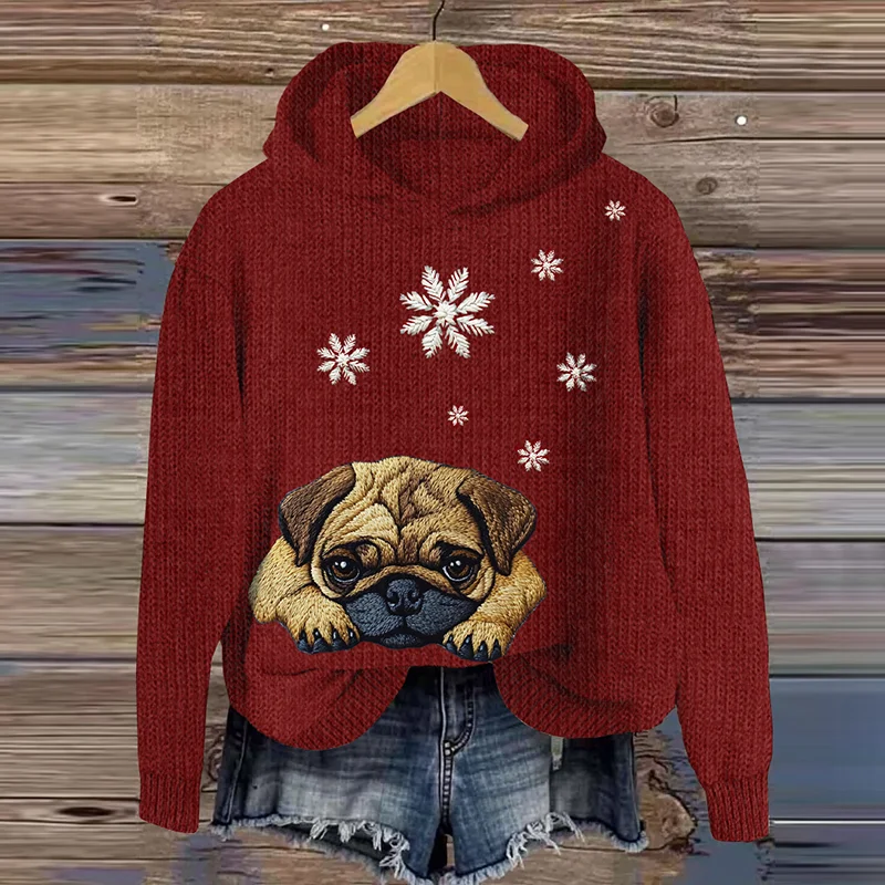 Cute Sleepy Pug Christmas Snowflake Embroidery Puppy Art Cozy Sweater Hoodie
