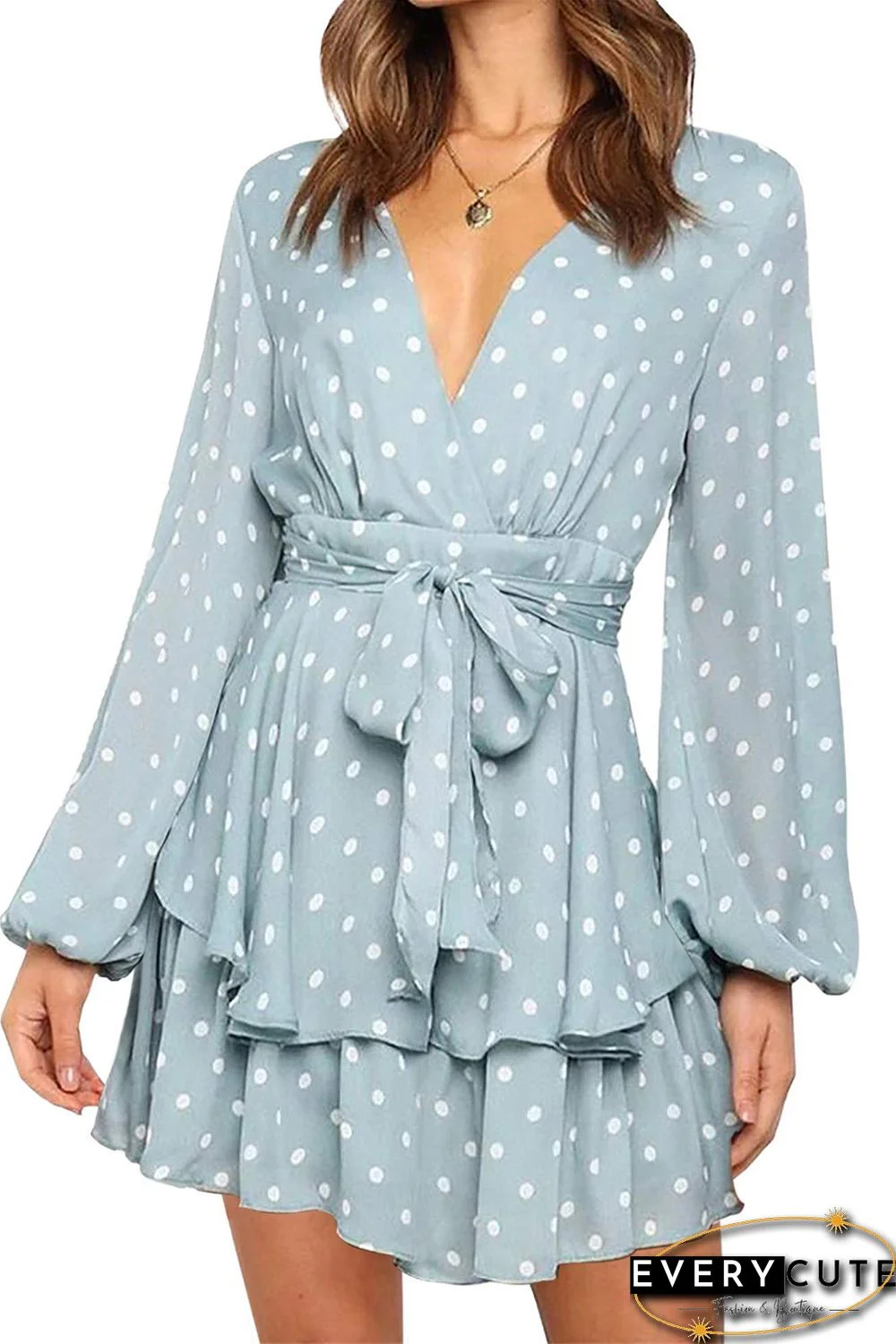 Sky Blue V Neck Baggy Sleeve Waist Tie Double Layer Ruffle Hem Dotted Print Short Dress