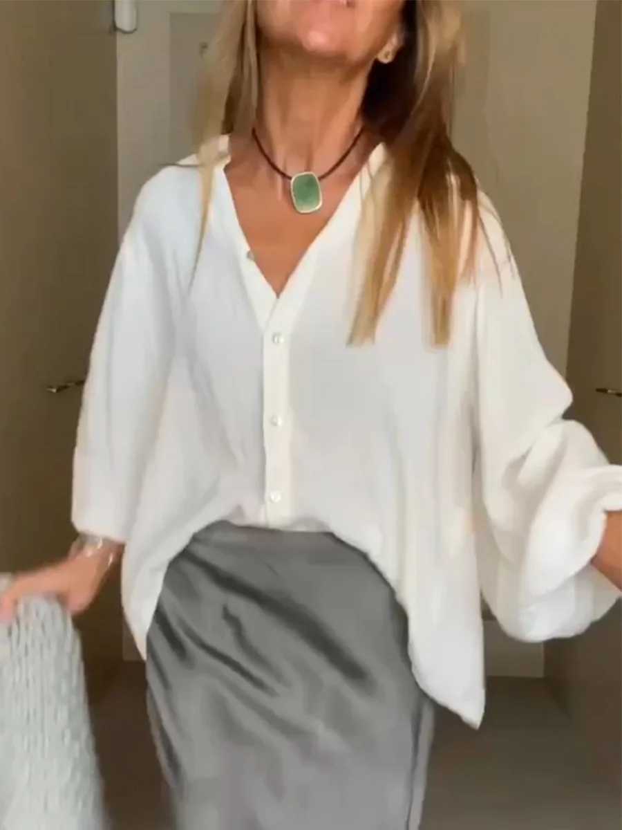 Women Solid Color Button Long Sleeve Blouse & Shirt