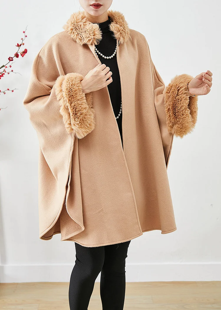 Light Camel Woolen Trench Oversized Fur Collar Batwing Sleeve