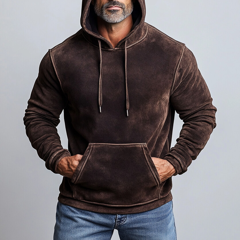 Men's Daily Suede Solid Pocket Long Sleeve Drawstring Hoodie