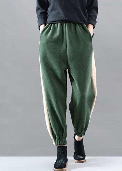 diy Green Elastic Waist Patchwork Jogging Winter Pants CK1252- Fabulory