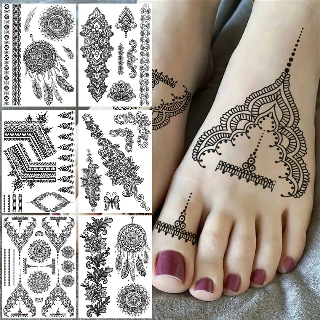 Mandala Flower Temporaray Tattoos For Women Adults Tribal Henna Tattoo Sticker Black Lace Dreamcatcher Fake Tatoos Legs Hands
