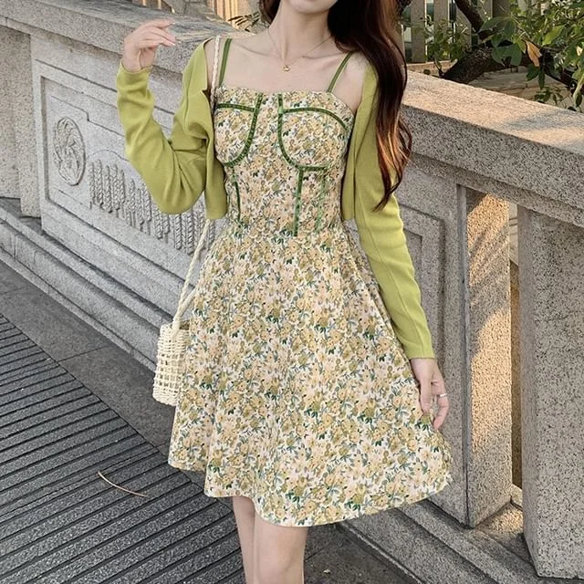 Neck / Print Square Cardigan Strap A-Line Spaghetti Crop Open Front Mini Plain Floral Dress