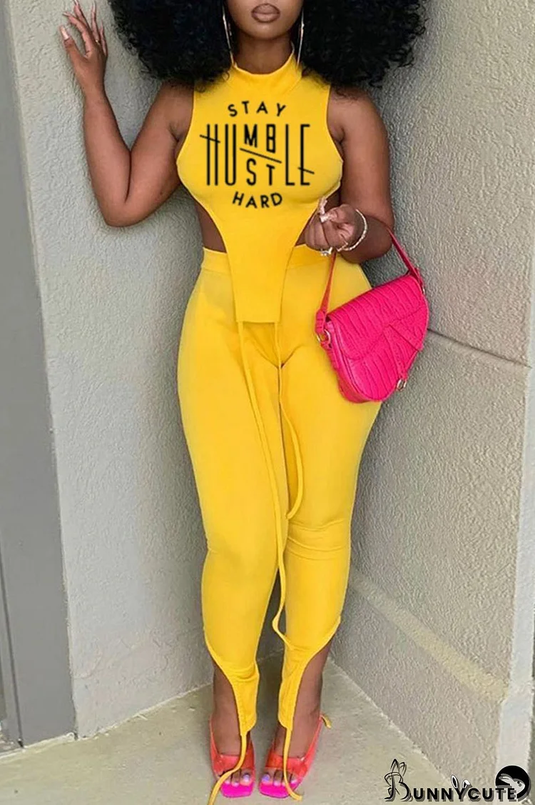 Yellow Fashion Casual Print Asymmetrical Half A Turtleneck Sleeveless Two Pieces