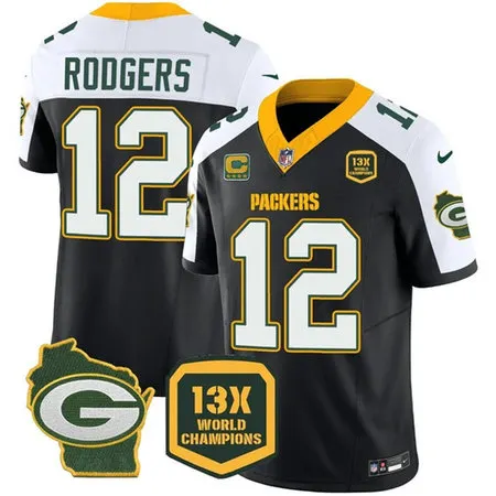 Youth Green Bay Packers #12 Aaron Rodgers Black 2023 F.U.S.E. Home Patch With 4-Star C Patch 13 Time World Champions Vapor Untouchable Limited Jersey