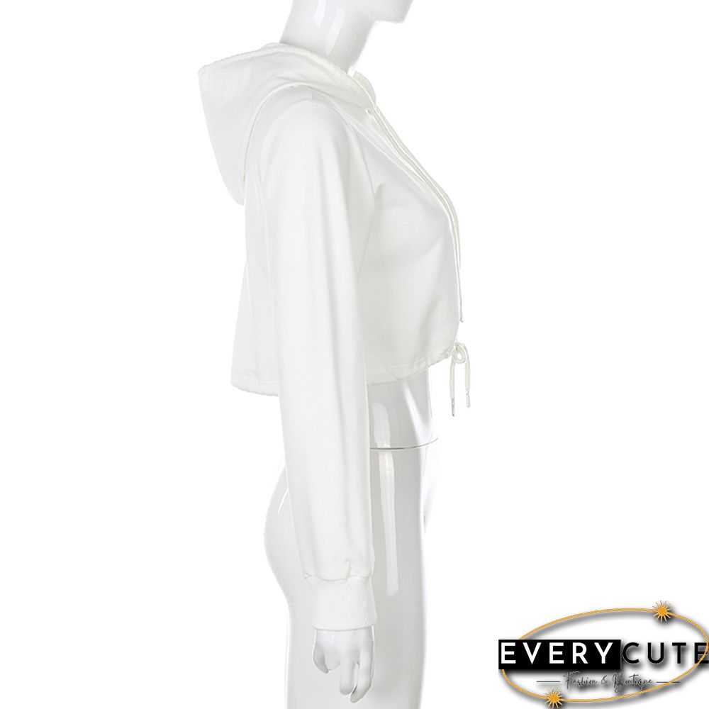 White Zipper Drawstring Crop Hoodie