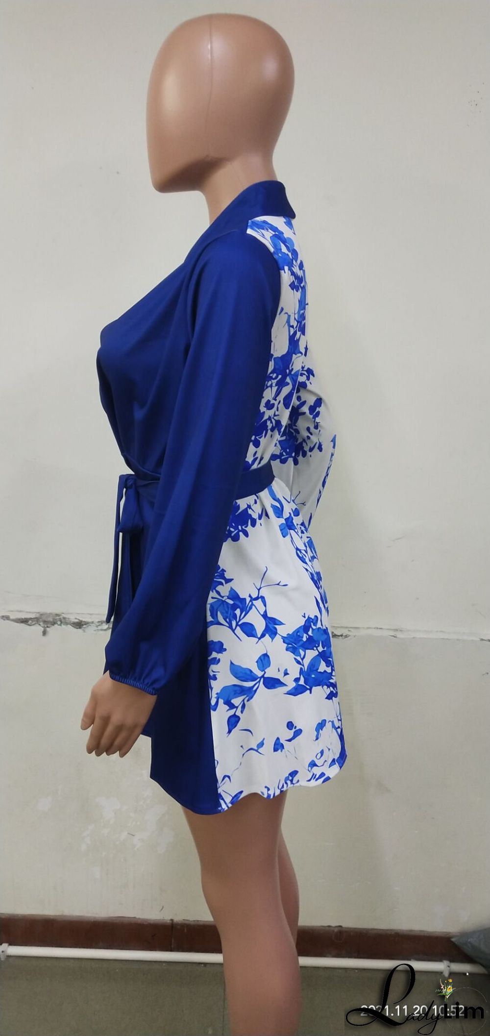 Autumn Blue Print V-Neck Wrap Elegant Cocktail Dress