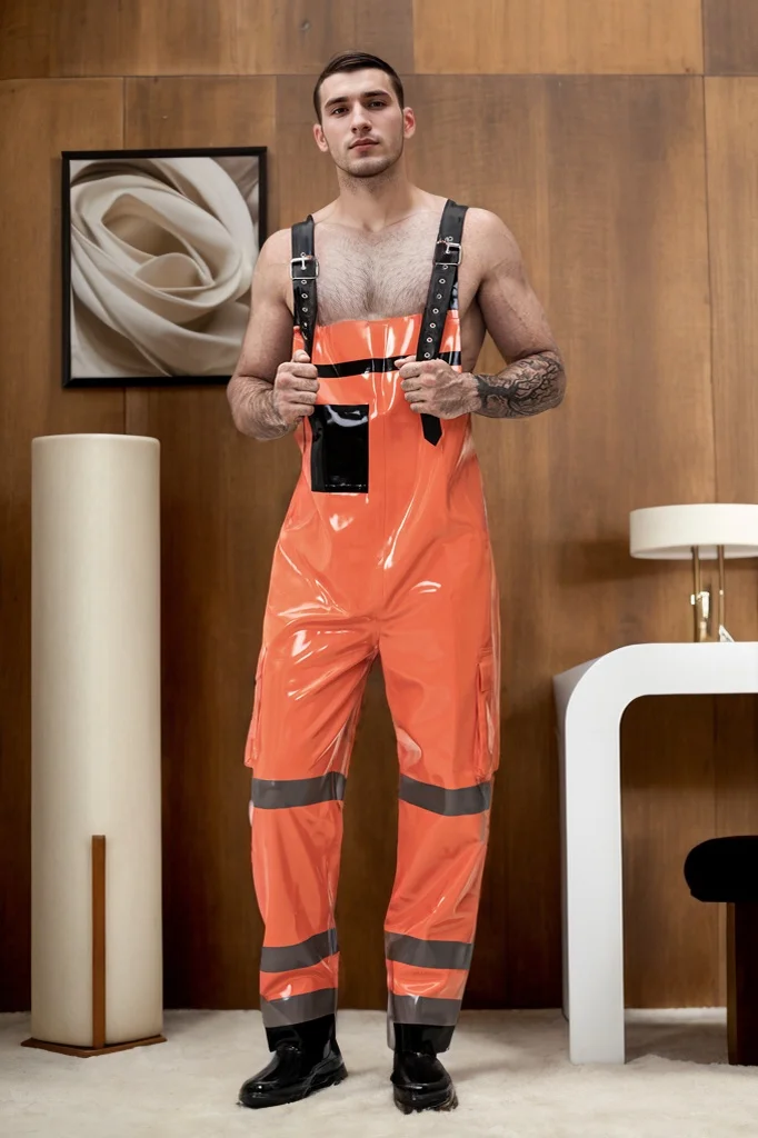 Men Orange Latex Dungarees Firefighter Duty Dungarees