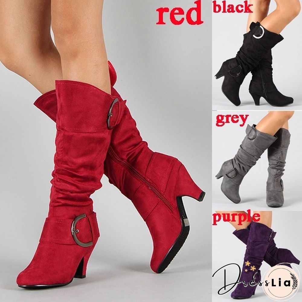 New Fashion Women Suede Knee High Boots Sexy Vintage Low Heel Boots Spring Autumn Buckle Shoes Casual Winter Pumps 34-43