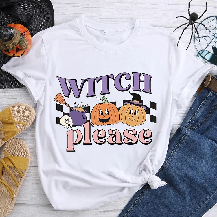 Halloween Witch Please Round Neck T-shirt-0018618