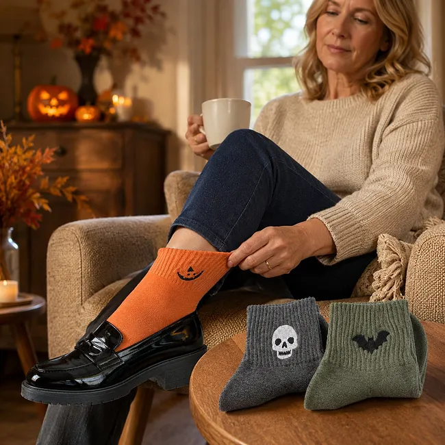 Close-up views of the Halloween sock embroidery and knit texture