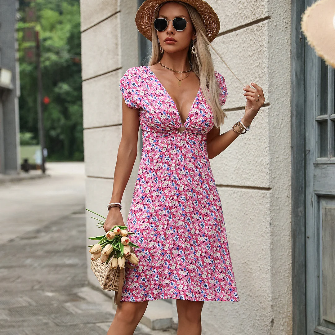 V Neck Floral Print Casual Mini Dress