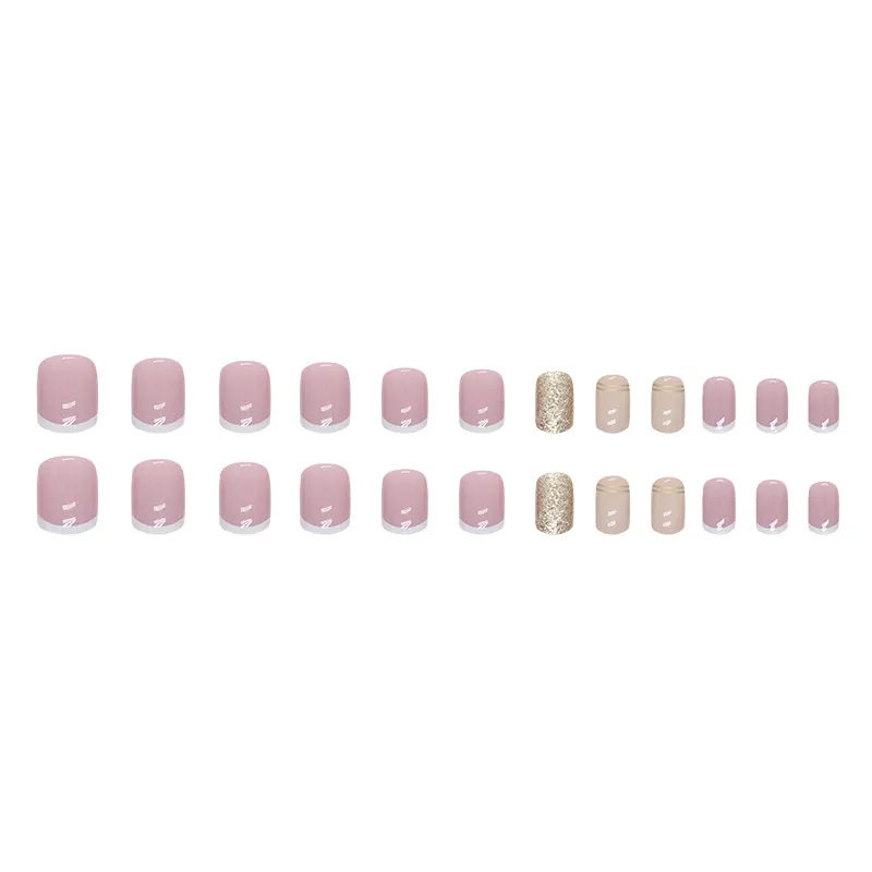 Churchf Churchf Simple French Nail Champagne Flash Pink Gold Foil Pearl Fake Nails Ins Wind Wear Armor