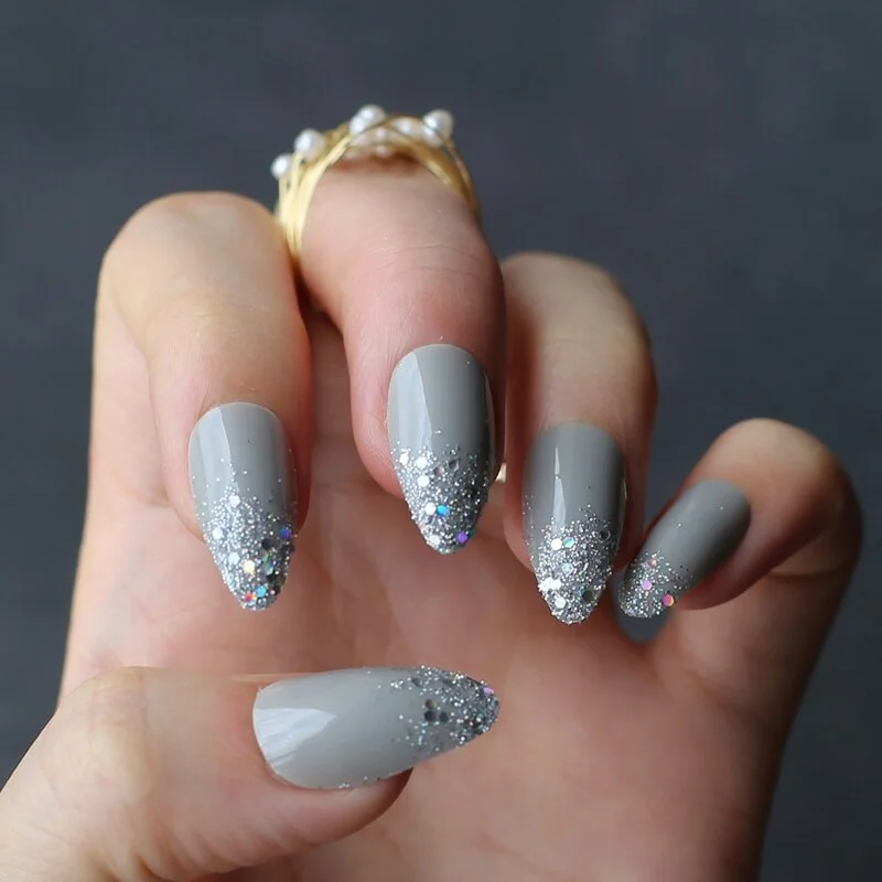 Gray Ombre French glitter AB Short Stiletto UV Gel nude Fake Nails Black Shimmer Finger red false nail point tip pink Handmade-Nail Inspo
