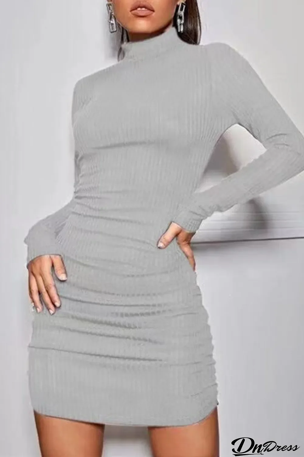 Grey Fashion Casual Solid Basic Turtleneck Long Sleeve Dresses