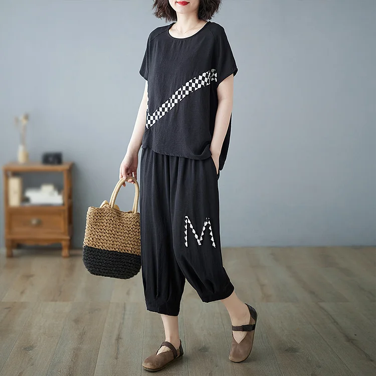 Simple Splicing Round Neck Top and Wide Leg Pants Suits