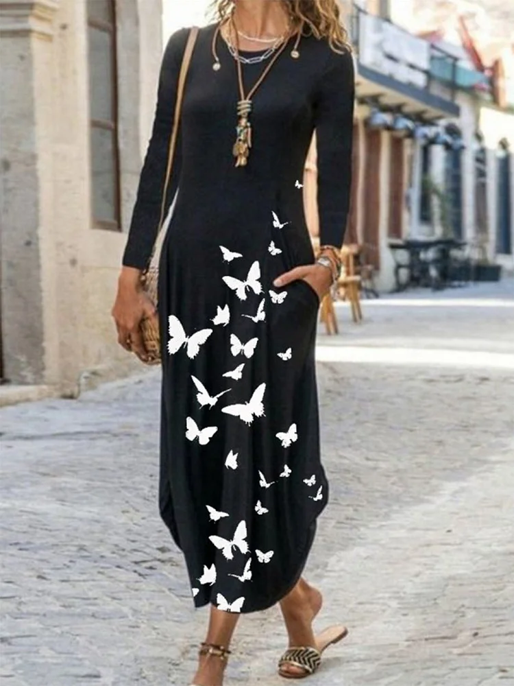Long Sleeve Crew Neck Butterfly Casual Dresses
