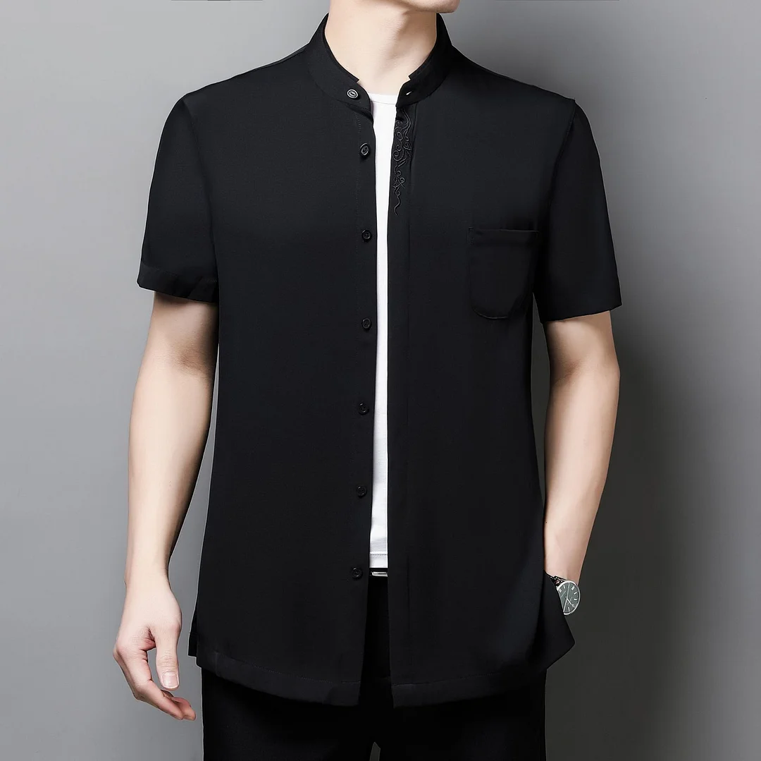 Chemise en soie noire manches couerte col montant-Soieplus