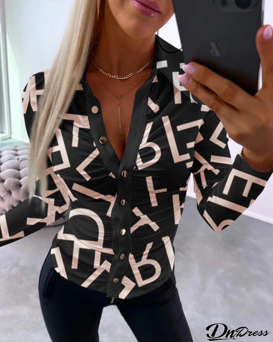 Plus Size Women Fall Sexy V-Neck Printed Shirt