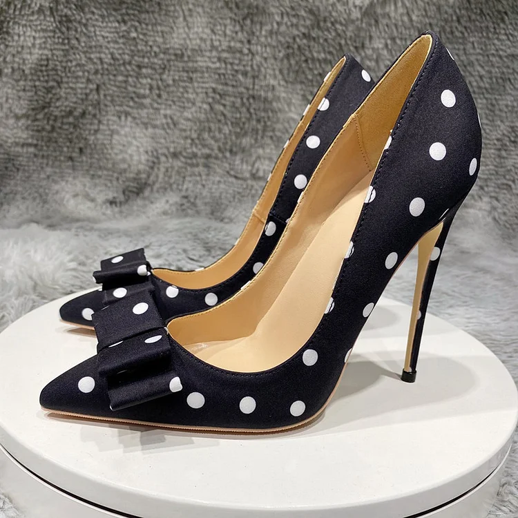 Black & White Polka Dot Shoes Pointy Suede Pumps Office Stiletto Heels |FSJ Shoes