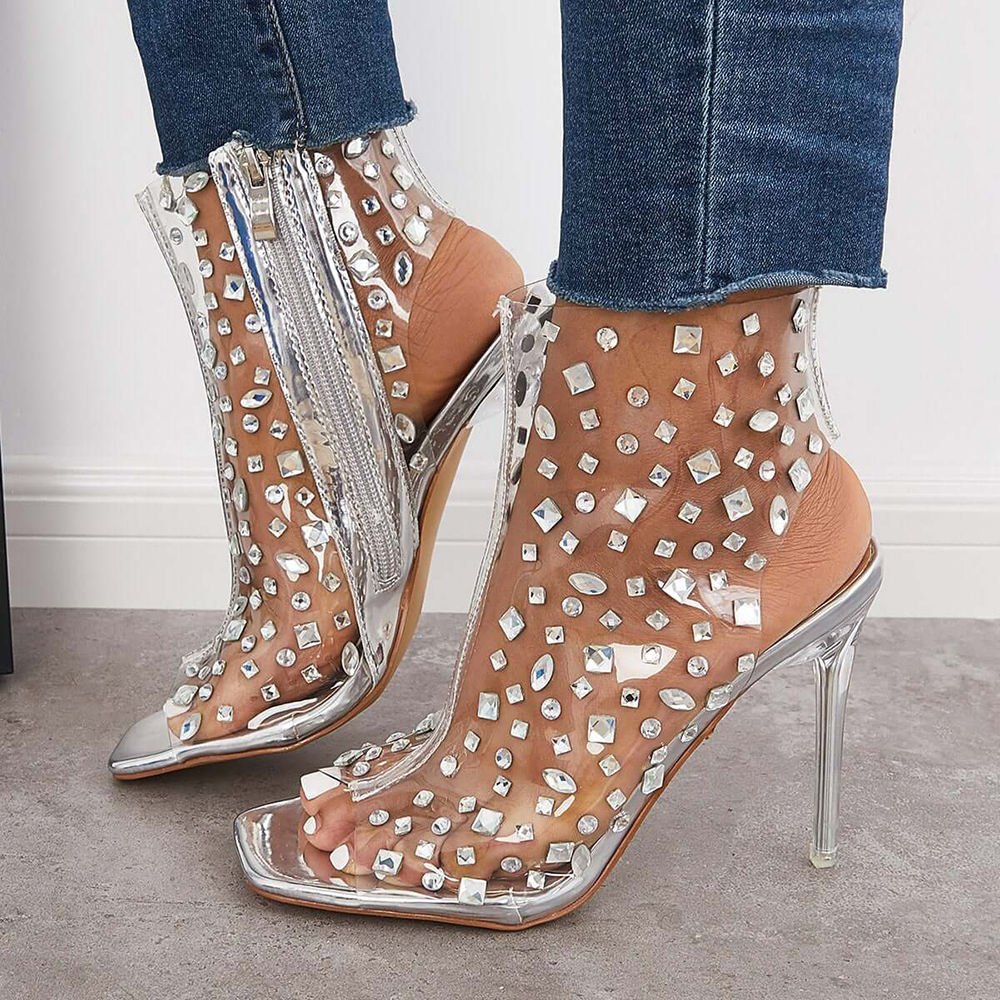 Clear Square Toe Stiletto Heel Ankle Boots with Rhinestone Nicepairs