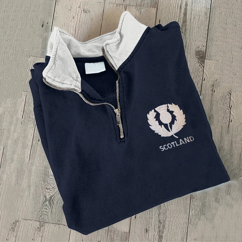 Vintage Scotland Travel Print Zipper Casual Sweatshirt