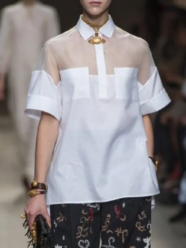 Split-Joint Solid Color See-Through Short Sleeves Lapel Blouses&shirts Tops