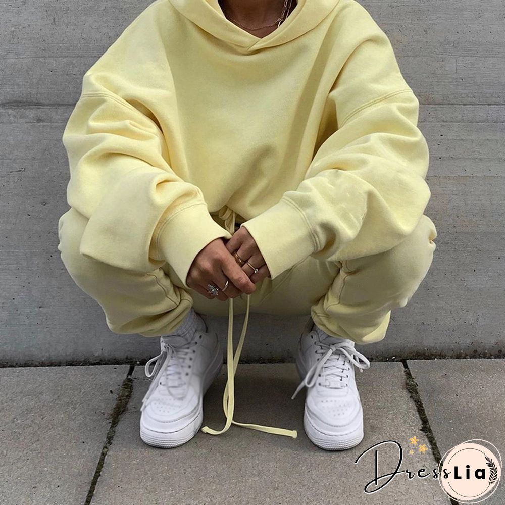 Casual Shoulder Sleeve Pure Color Loose Drawstring Hooded Suit