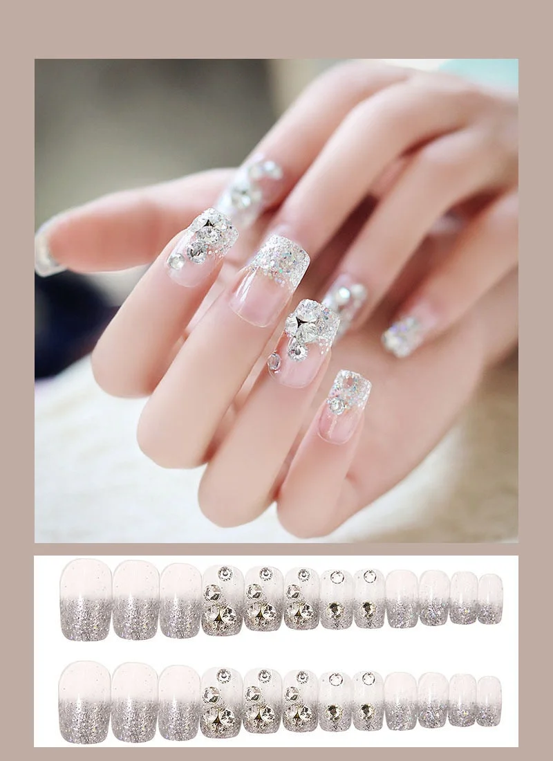 24pcs Artificial Diamond Transparent Fake Nails Silver Glitter False Nails Long Nail Tip Extension Elegant Manicure Beauty