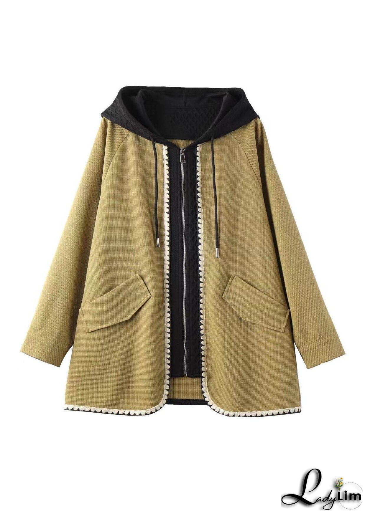 French Yellow Zip Up Pockets Patchwork Cotton Hooded Coat Fall