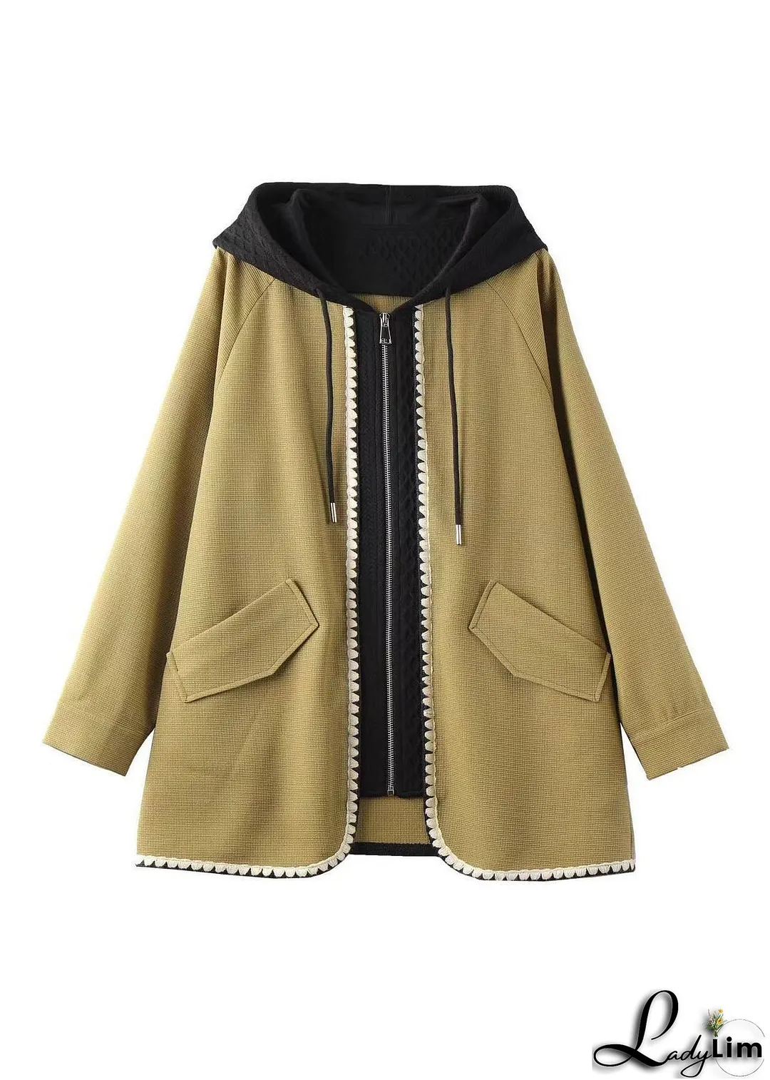 French Yellow Zip Up Pockets Patchwork Cotton Hooded Coat Fall