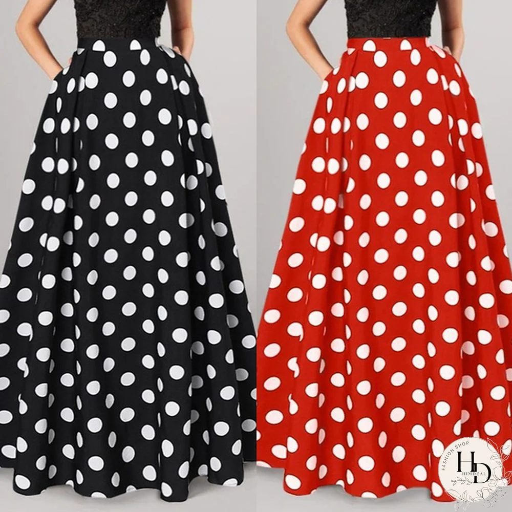 Women Polka Dot High Waist Pleated Long Skirt Party Casual Loose Swing Maxi Umbrella Skirt Plus Size