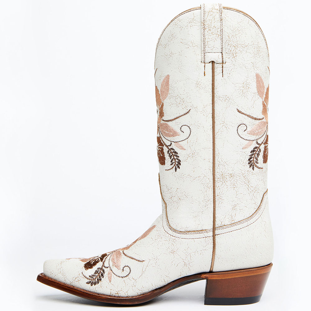 White Snip Toe Chunky Heel Floral Embroidered Mid-Calf Western Boots Nicepairs