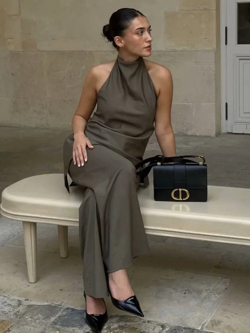 Nigikala Nigikala Women's Clothing Neck Tie Minimalist Top + Mid-Rise Loose Trousers B88651