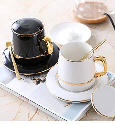 Retro Luxurious Coffee Cup with Spoon and Coaster Lid