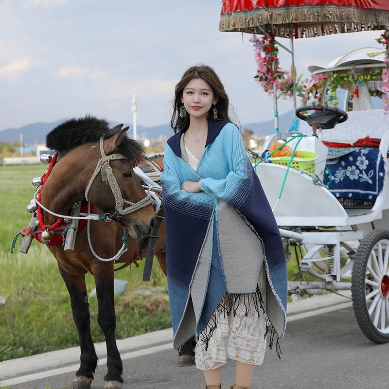 Ethnic Style Hooded Shawl Cloak Lijiang Xinjiang Tibet Northwest Tourism Wear Photograph Warm Outer Cape