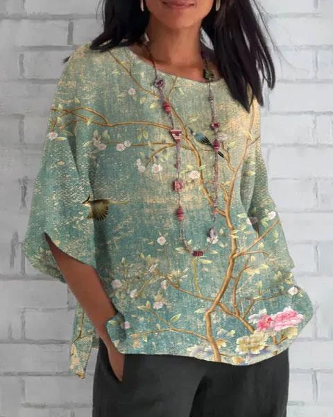 Retro Flower Branch Art 3/4 Sleeve Shirt