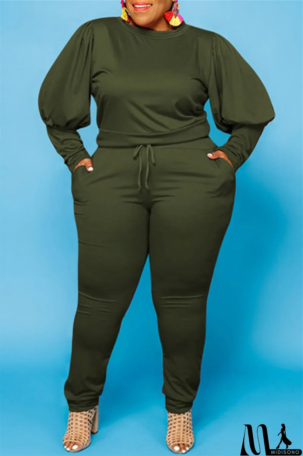 MidiSono - Army Green Fashion Casual Solid Basic O Neck Plus Size Two Pieces