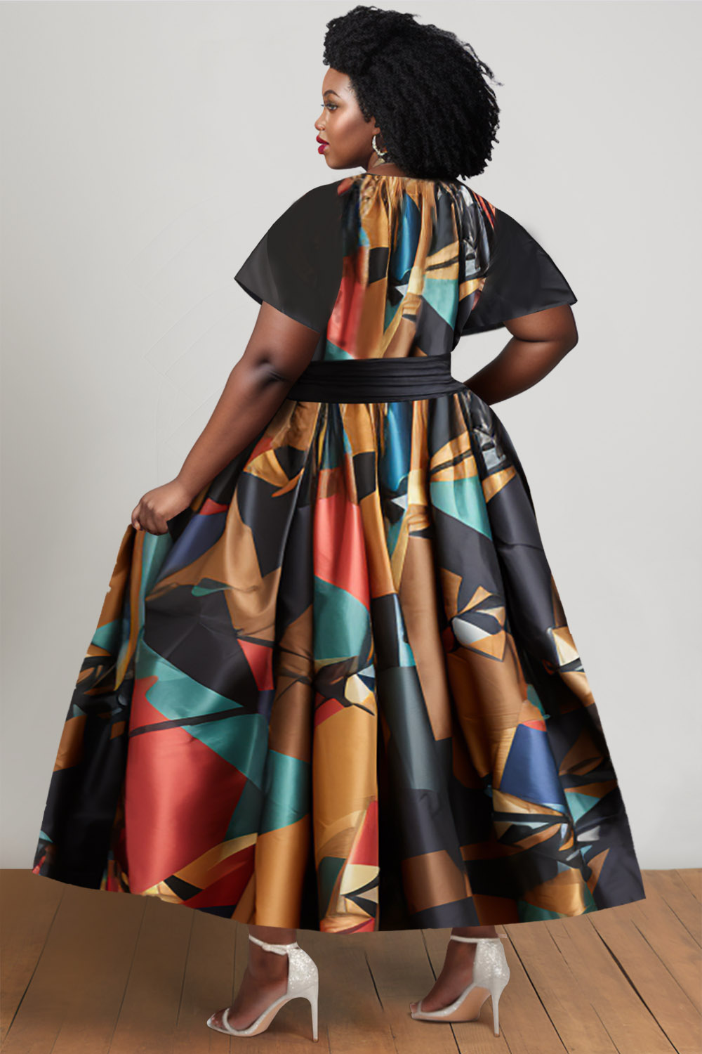 Design Plus Size Daily Midi Dresses Elegant Black Ankara Spring Summer V Neck Short Sleeve Pocket Satin African Midi Dresses [Pre-Order]