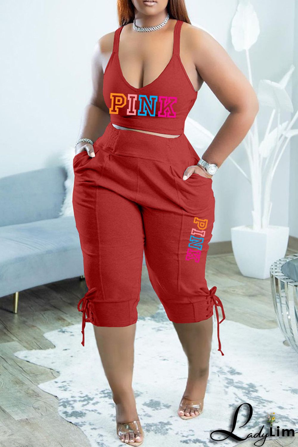 Orange Sexy Casual Letter Print Backless Spaghetti Strap Sleeveless Two Pieces