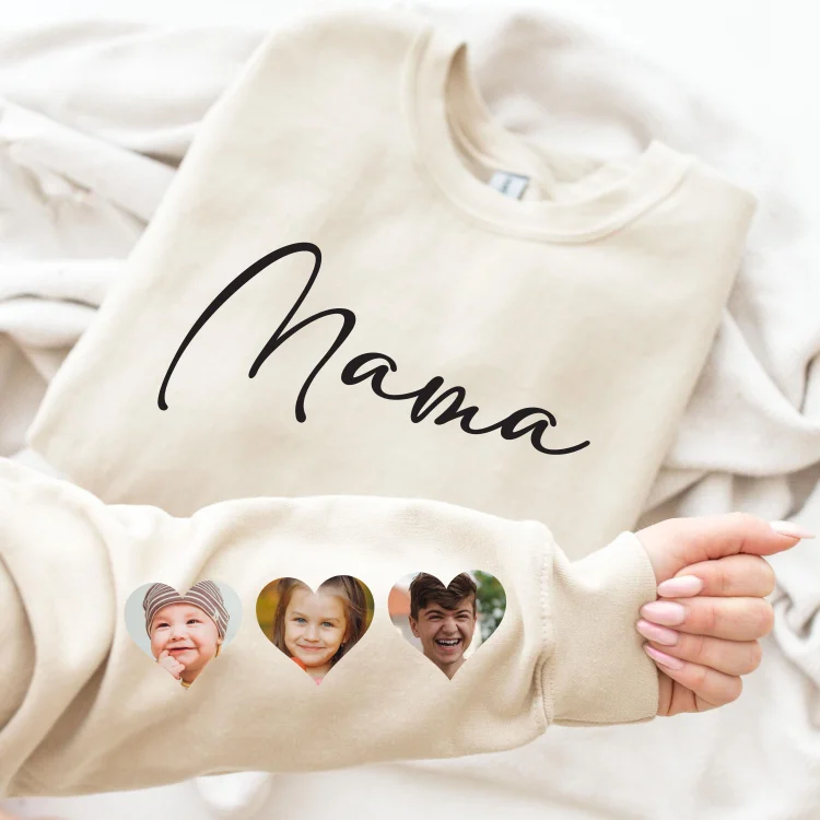 Personalized Mama Sweatshirt with Photo Hearts on Sleeve