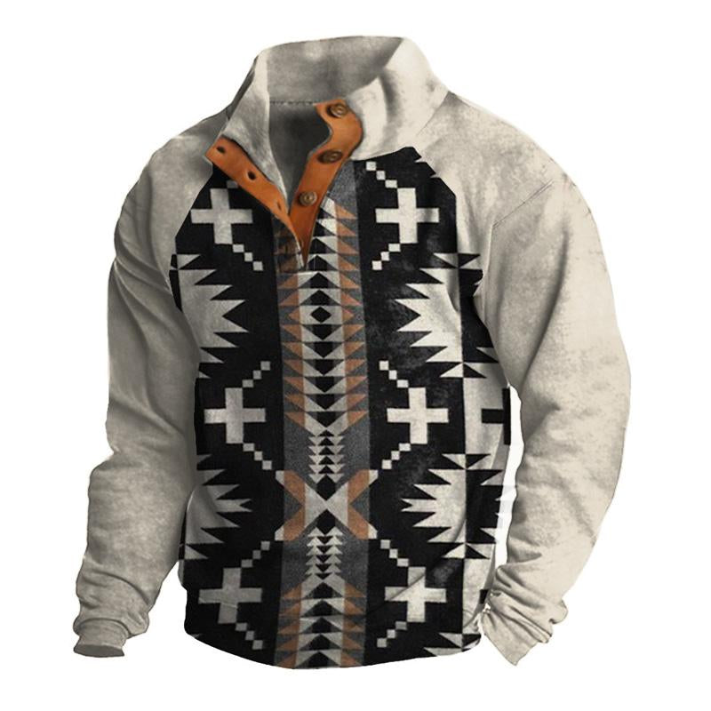 Men's Geometric Print Stand Collar Button Sweatshirt 13028855U
