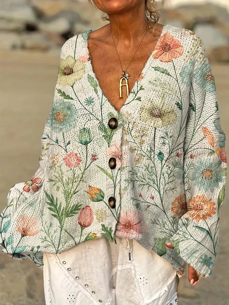Women's Retro Art Flowers Casual Pullover Sweater