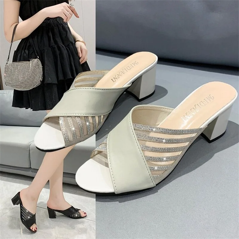 Qengg mouth thick heel sandals female 2022 new summer fashion mesh rhinestone hollow high-heeled large size sandals and slippers