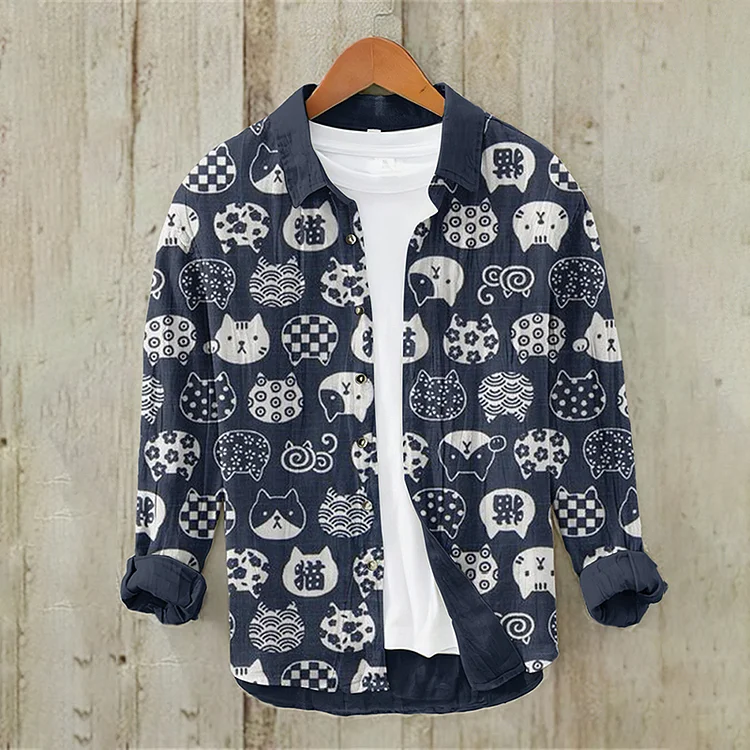 Japanese Art Cat Button Casual Linen Blend Shirt