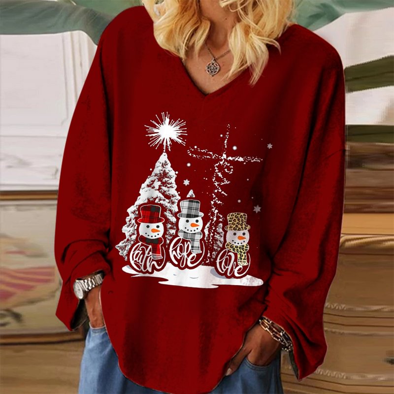Christmas Tree Cute Snowman Print V-neck Long Sleeve Tee