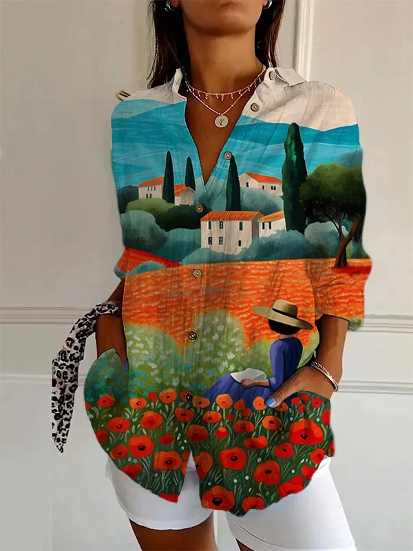 Women's Reading In The Flower Fields Print Long Sleeve Shirt