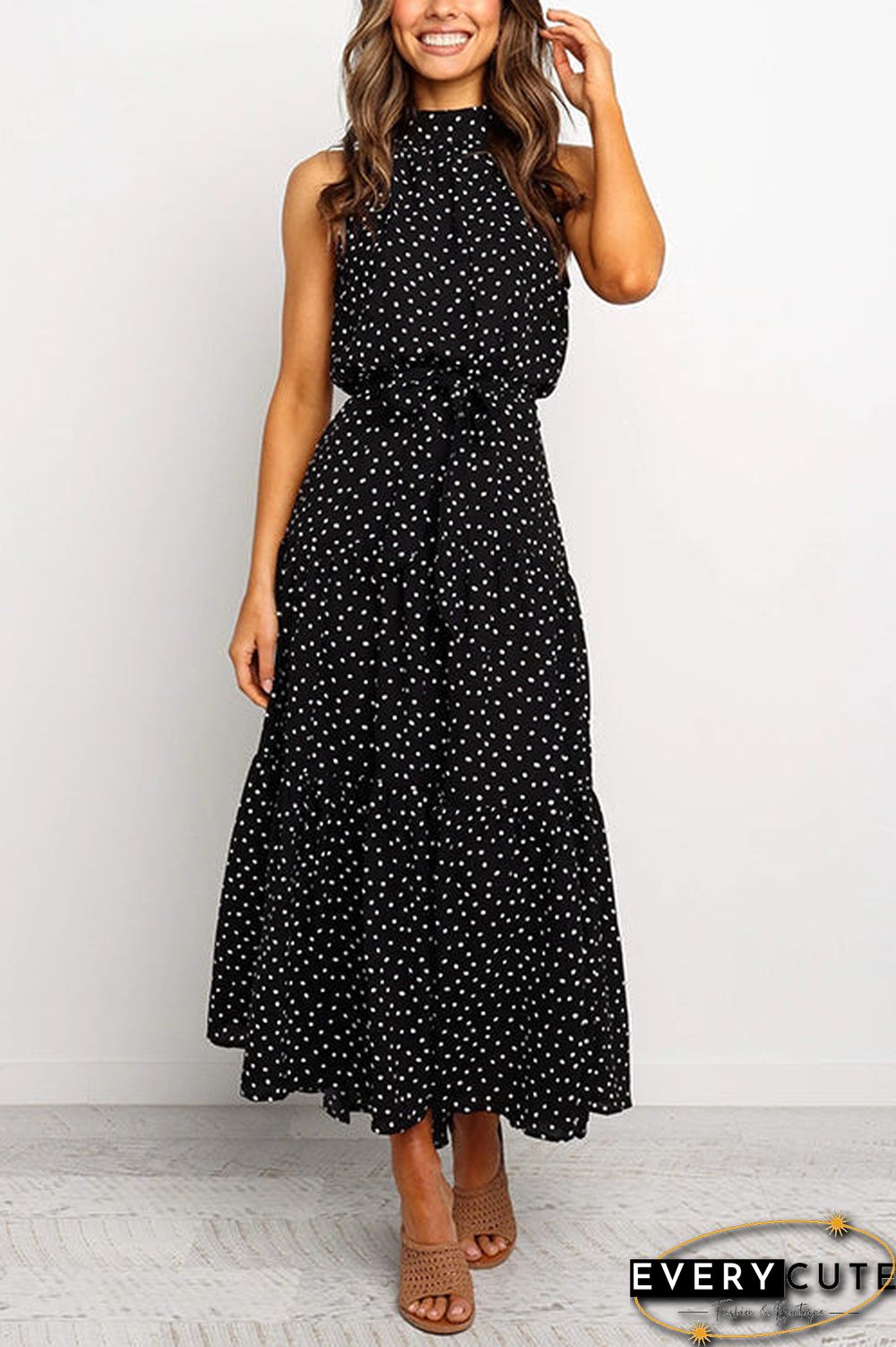 Print Belted Sleevelss Maxi Dress