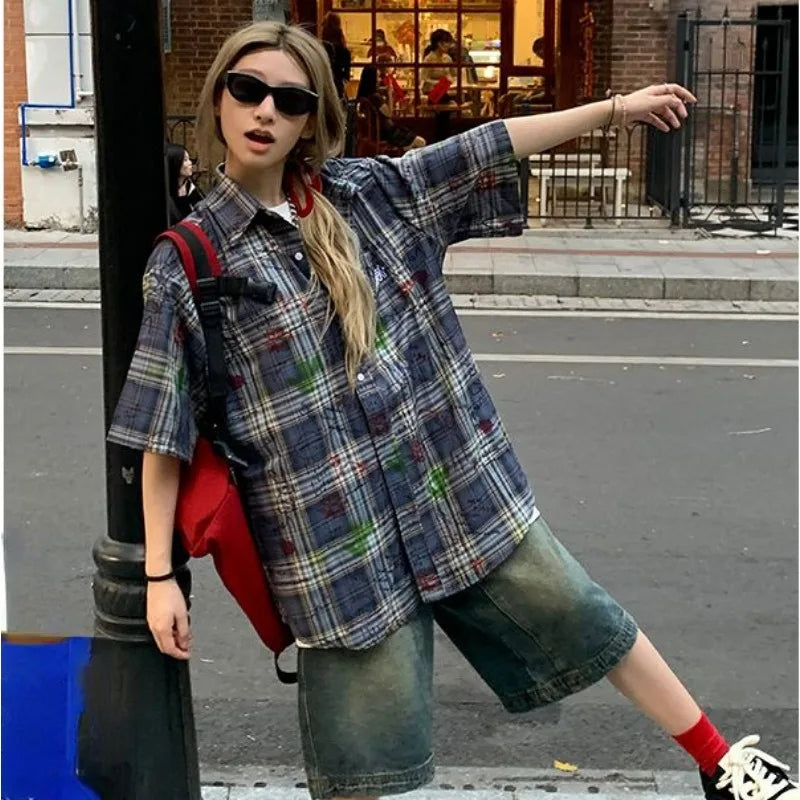 Aiertu Vintage Short Sleeve Plaid Shirts Y2k Woman's Oversized Harajuku Fashion Check Blouses Korean Style Tops Summer Stylish Aiertu
